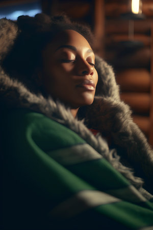 Young african american woman in warm sweater and fur coat.の素材