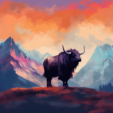 Vector illustration of a black yak standing on the hill in the mountains.の素材