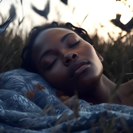 Beautiful African American woman lying in a field covered with a blanketの素材
