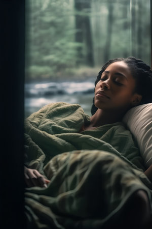 Young black woman sleeping in bed with green blanket, view from windowの素材