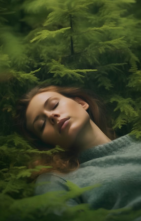 Portrait of beautiful young woman with closed eyes lying in green forestの素材