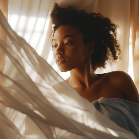 Beautiful african american woman with curly hairstyle in bedroomの素材