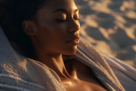 Beautiful african american woman with closed eyes lying on beachの素材