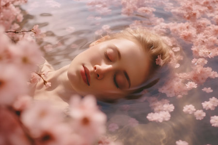 Beautiful young woman lying in the water surrounded by cherry blossomsの素材