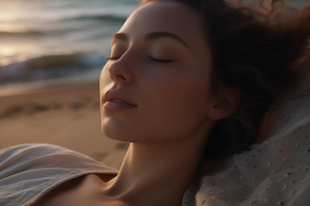 Beautiful young woman with closed eyes on the beach at sunset.の素材