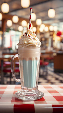 Coffee with whipped cream in a glass on a checkered tableclothの素材