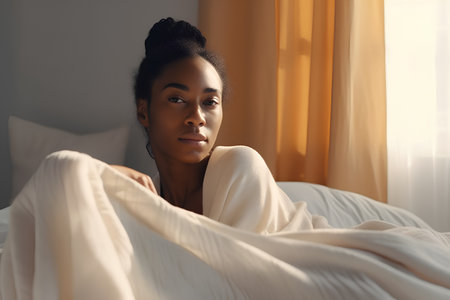 Beautiful young african american woman in bed at home.の素材