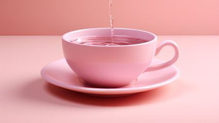 Pouring tea in a pink cup on a pink background. 3d renderingの素材