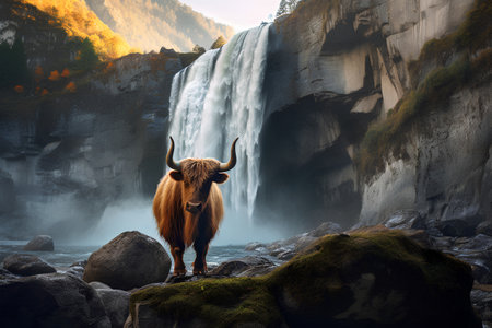 Yak on the background of a waterfall in the highlands.の素材
