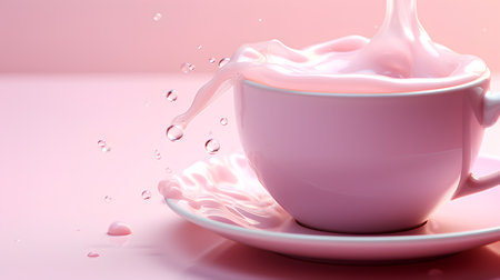 Cup of coffee with milk splash on pink background. 3d renderingの素材