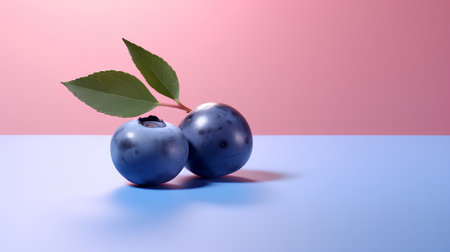 Blueberries with leaf on blue and pink background. 3d illustrationの素材