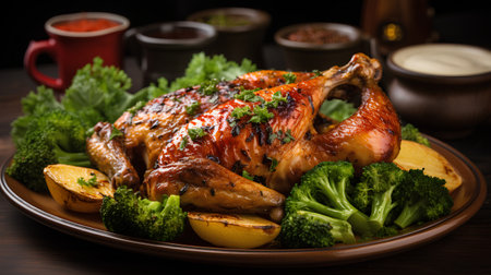 Roasted chicken with potatoes and vegetables on a wooden background. Selective focus.の素材