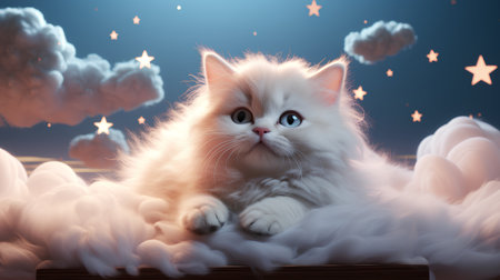 Cute cat sitting in clouds and looking at the stars. 3D renderingの素材