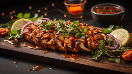 Grilled squid with spicy sauce and herbs on a wooden board.の素材