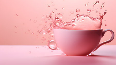 Cup of water with splashes on pink background. 3d renderingの素材