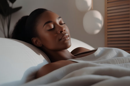 Beautiful young african american woman relaxing in bed at homeの素材