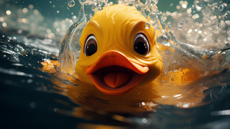 Funny yellow duck swims in the water with splashes.の素材