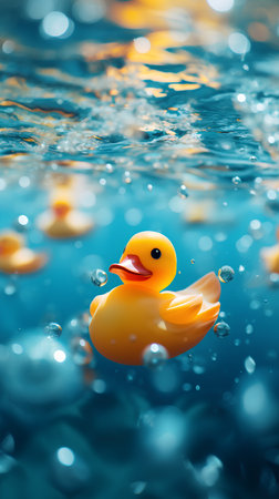 Yellow rubber duck floating in blue water with bubbles. 3d renderingの素材