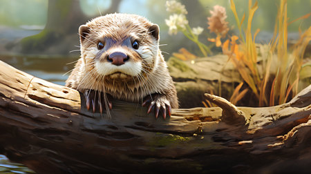 Otter on a log in the forest. 3d renderの素材