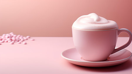 Cup of coffee with whipped cream on pink background. 3d illustrationの素材