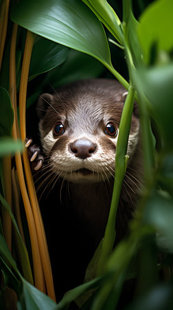 Little cute baby otter hiding behind the leaves. Portrait of an animal in nature.の素材