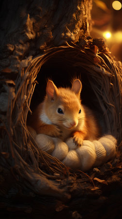 Cute little red squirrel sitting in a nest with lights on backgroundの素材