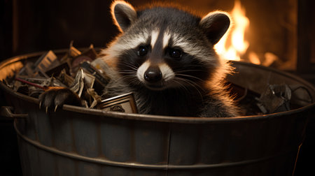 Cute raccoon in a bucket of money on a dark backgroundの素材