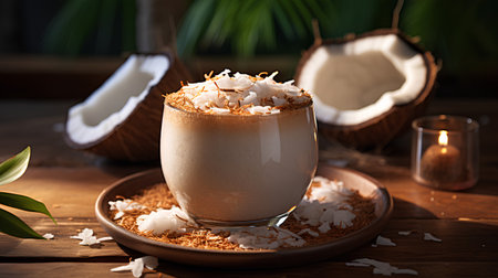 Coconut milk cocktail with coconut flakes in a glass on a wooden tableの素材