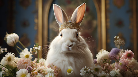 Rabbit in a golden crown with flowers on a dark background.の素材