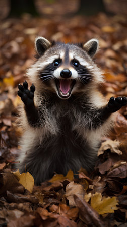 Portrait of a raccoon in the autumn leaves. Funny raccoon.の素材
