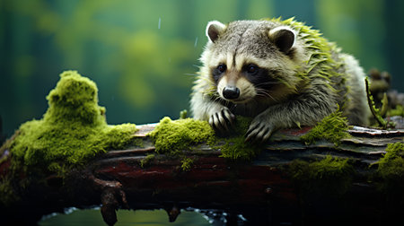 Raccoon on a log in the forest. Wildlife scene.の素材