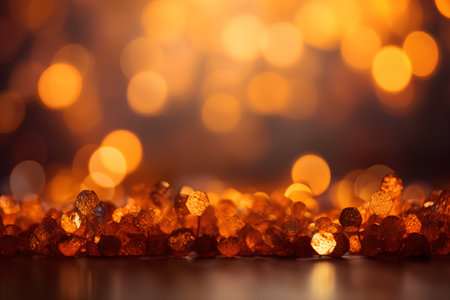 Gold glitter sparkles bokeh background. Christmas and New Year concept.の素材