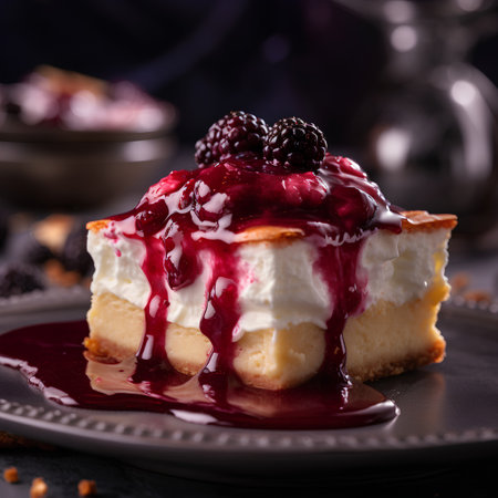 Cheesecake with berry sauce on a dark background. Selective focus.の素材