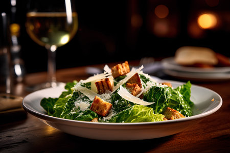 Caesar salad with parmesan cheese and glass of white wineの素材