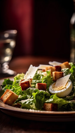 Caesar salad with egg and croutons on a wooden tableの素材