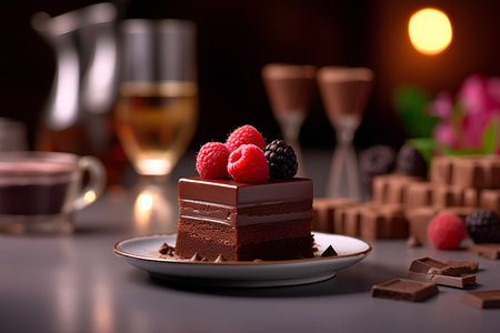 Chocolate cake with raspberries and blackberries on a dark backgroundの素材