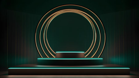 Abstract dark green background with round podium illuminated by neon lights. 3d renderの素材