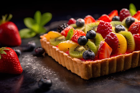 Delicious tart with fresh berries and fruits on a black background.の素材