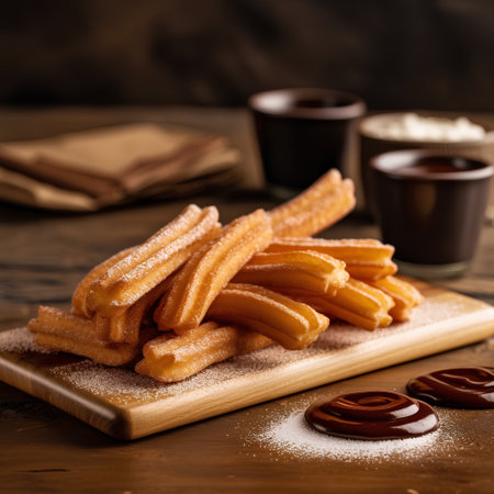 Churros with chocolate sauce on wooden background. Selective focus.の素材
