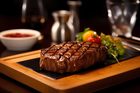 Grilled beef steak on a wooden plate with sauce and garnishの素材