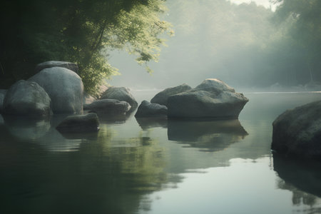 Rocks on the river bank with mist in the background. Vintage style.の素材