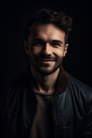 Portrait of a handsome young man in a black leather jacket.の素材