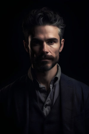 Portrait of a handsome bearded man on black background. Men's beauty, fashion.の素材