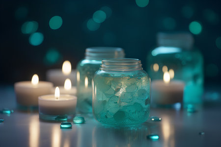 Spa still life with candles and glass jar on bokeh backgroundの素材