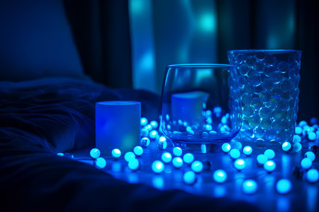 Empty glasses and blue candle on the bed in the bedroom at nightの素材