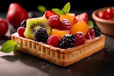 Delicious tartlet with berries and fruits on a black background.の素材