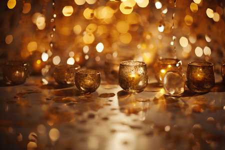 Christmas and New Year holiday background with candles, golden bokeh lights and champagne glassesの素材