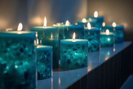 Burning candles in a dark room. 3d rendering toned imageの素材