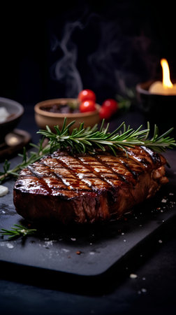 Grilled beef steak with rosemary and spices on a black backgroundの素材