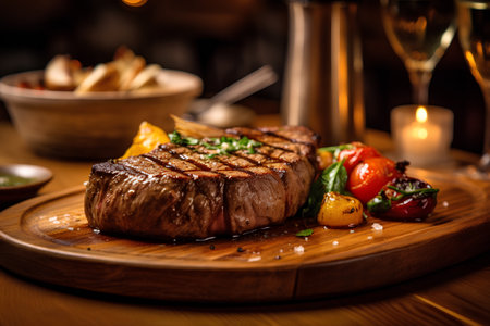Grilled beef steak with baked potatoes and tomatoes on a wooden boardの素材